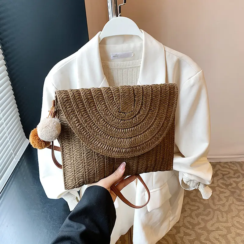 Women Straw Crossbody Bag with Pom Pom - Image 3