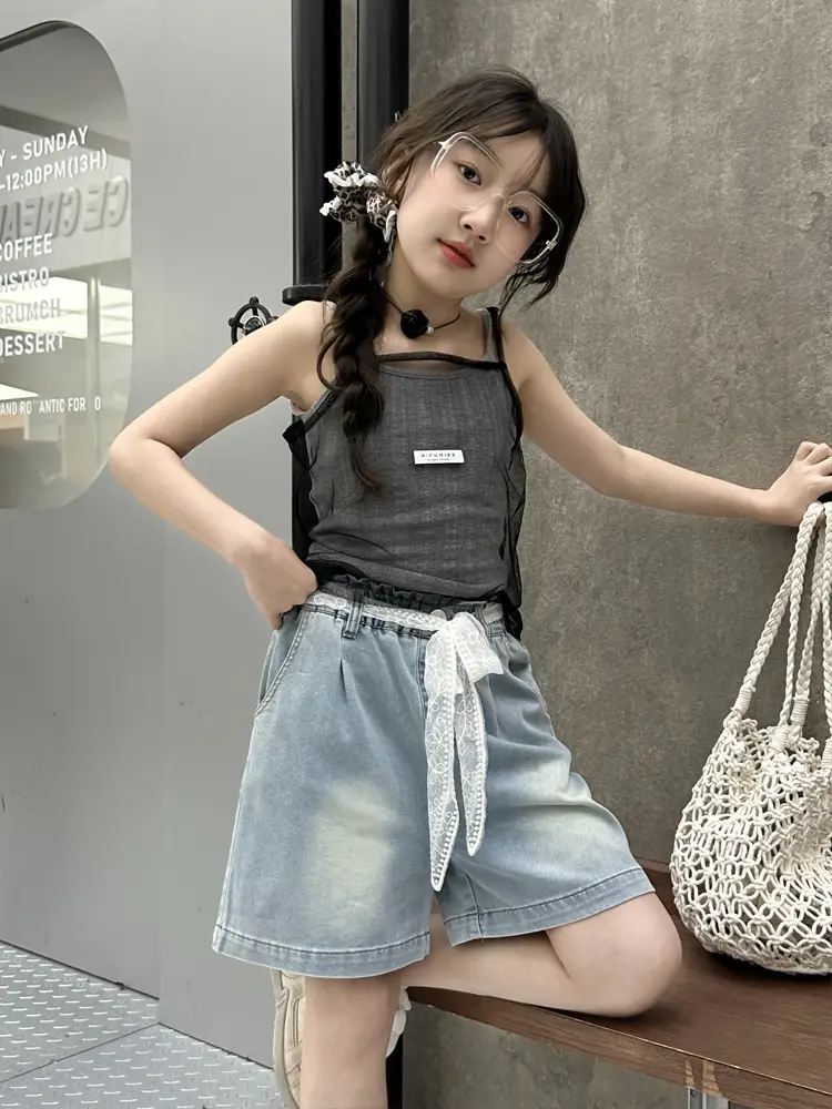 Cross-Border Girls Denim Shorts with Lace Belt