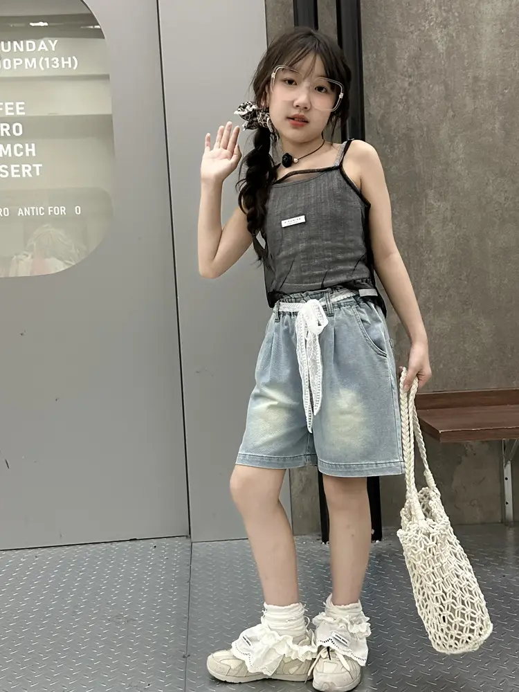 Cross-Border Girls Denim Shorts with Lace Belt