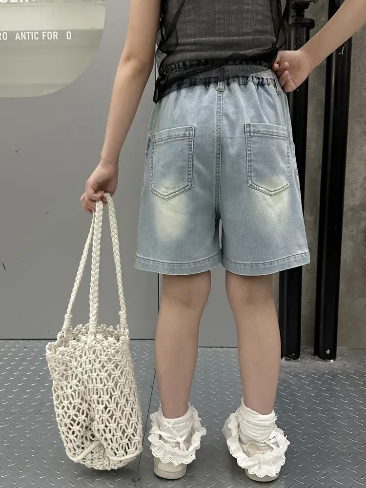 Cross-Border Girls Denim Shorts with Lace Belt