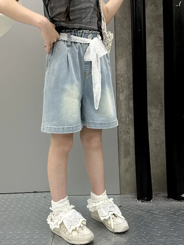 Cross-Border Girls Denim Shorts with Lace Belt
