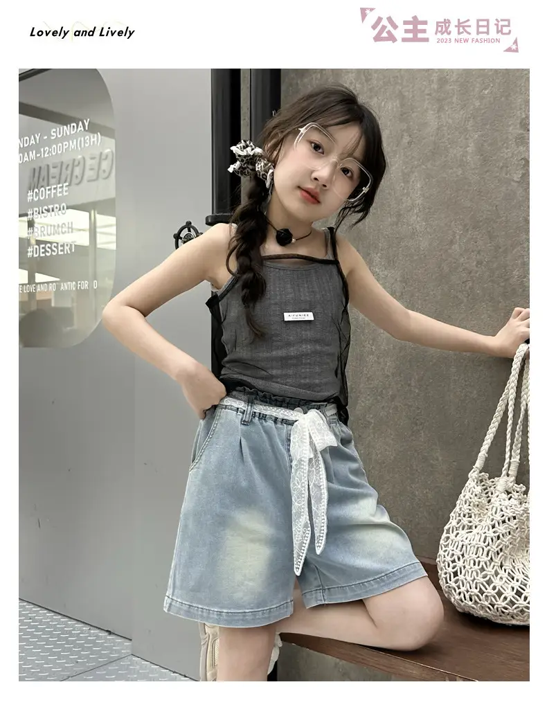 Cross-Border Girls Denim Shorts with Lace Belt — feature 1