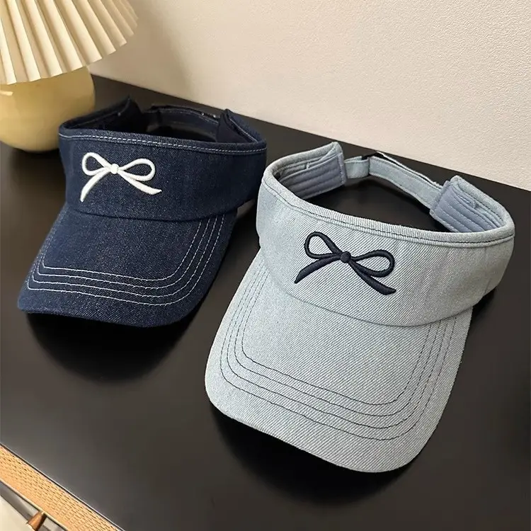 Women Denim Bowknot Visor Hat Wide Bristled Sunshade - Image 5