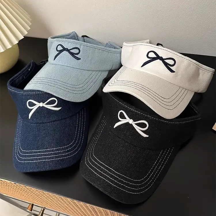 Women Denim Bowknot Visor Hat Wide Bristled Sunshade - Image 6