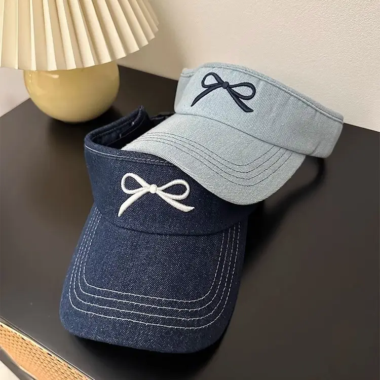 Women Denim Bowknot Visor Hat Wide Bristled Sunshade - Image 7