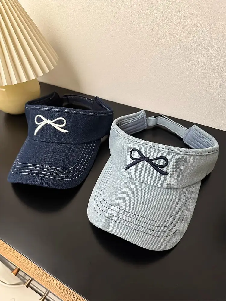 Women Denim Bowknot Visor Hat Wide Bristled Sunshade — feature 3