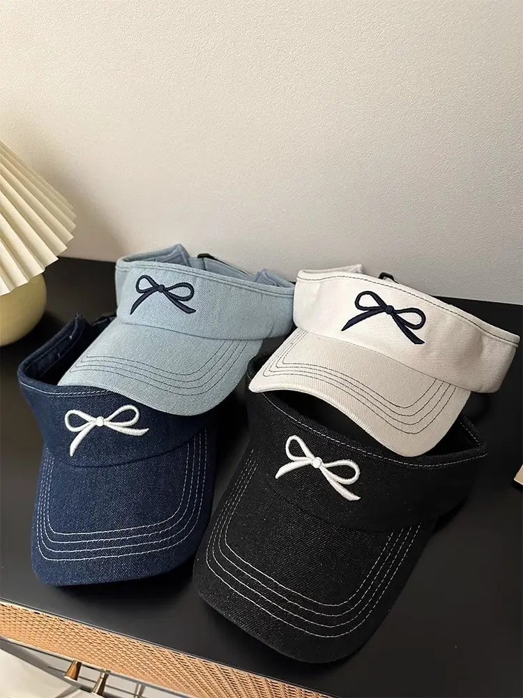 Women Denim Bowknot Visor Hat Wide Bristled Sunshade — feature 4