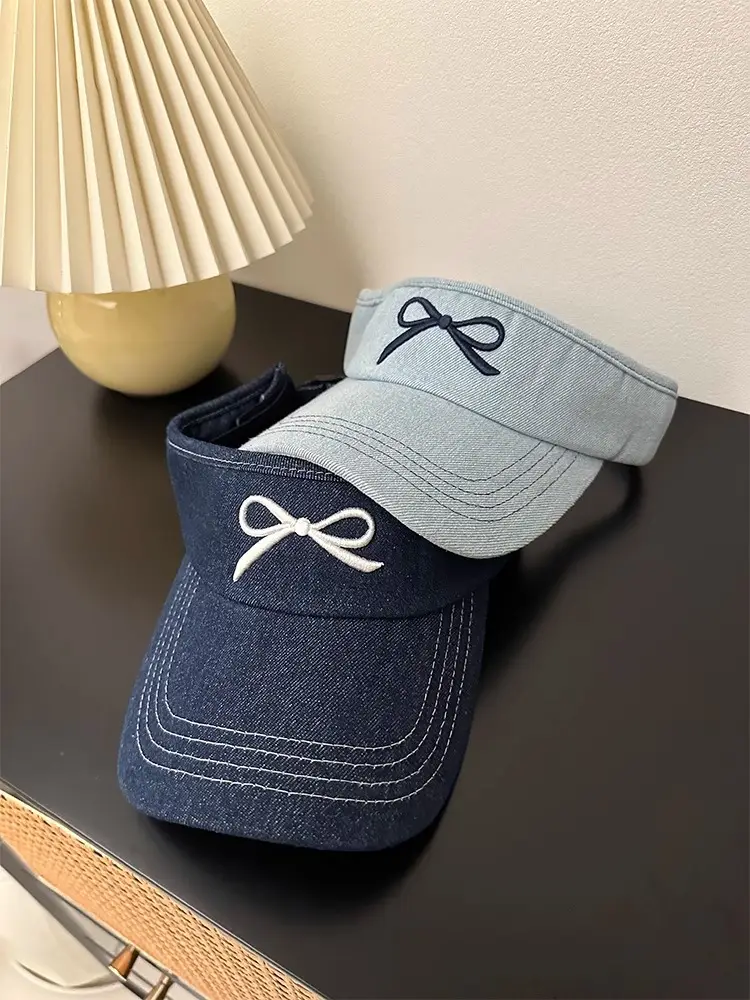 Women Denim Bowknot Visor Hat Wide Bristled Sunshade — feature 5