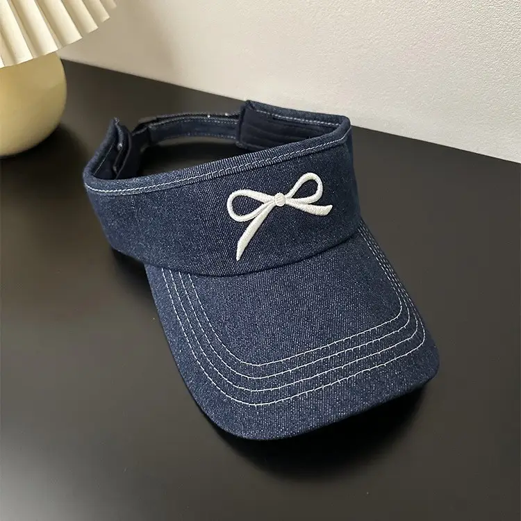 Women Denim Bowknot Visor Hat Wide Bristled Sunshade - Image 3