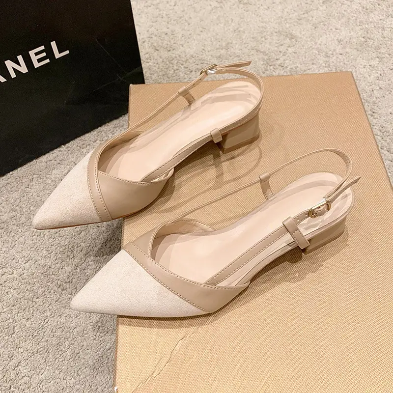 French-Style Pointed Toe Mule Sandals with a Strap, Nude High Heels for Women, New Summer Style with 5cm Chunky Heels