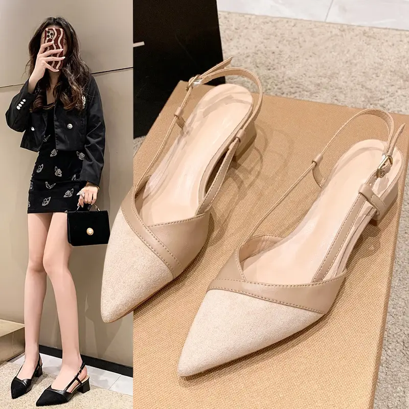 French-Style Pointed Toe Mule Sandals with a Strap, Nude High Heels for Women, New Summer Style with 5cm Chunky Heels