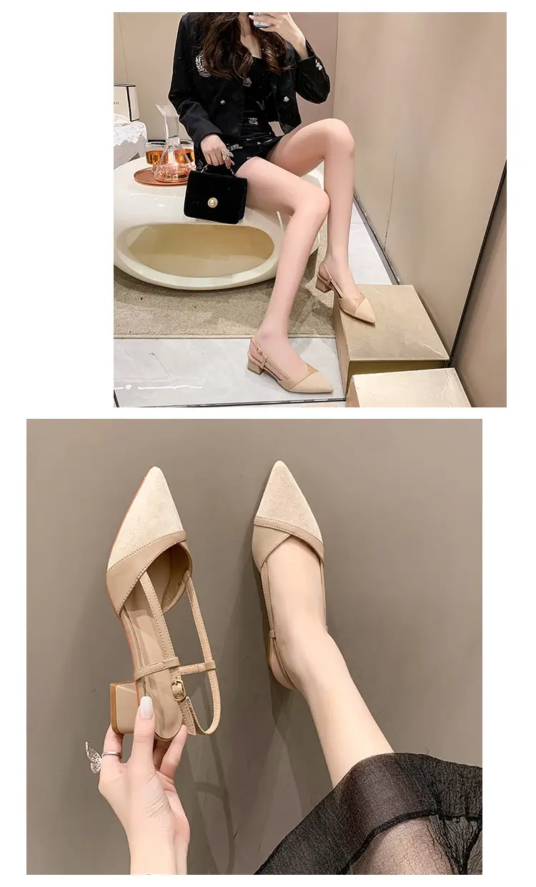 French-Style Pointed Toe Mule Sandals with a Strap, Nude High Heels for Women, New Summer Style with 5cm Chunky Heels — feature 8