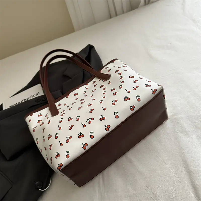 Women's Printed Cotton Tote Bag Brown Leather Handles - Image 4