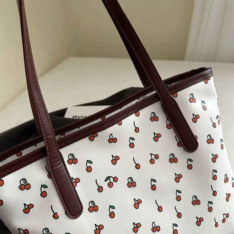 Women's Printed Cotton Tote Bag Brown Leather Handles - Image 5