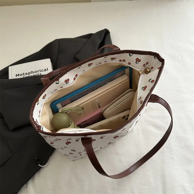 Women's Printed Cotton Tote Bag Brown Leather Handles - Image 6