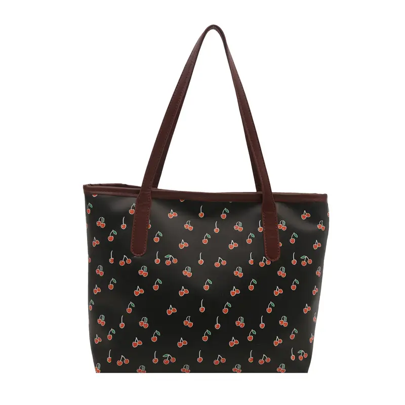 Women's Printed Cotton Tote Bag Brown Leather Handles - Image 2