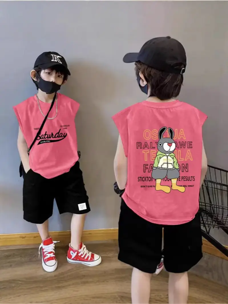 Boy's Pink Cotton Sleeveless Vest Summer T-Shirt - Image 11
