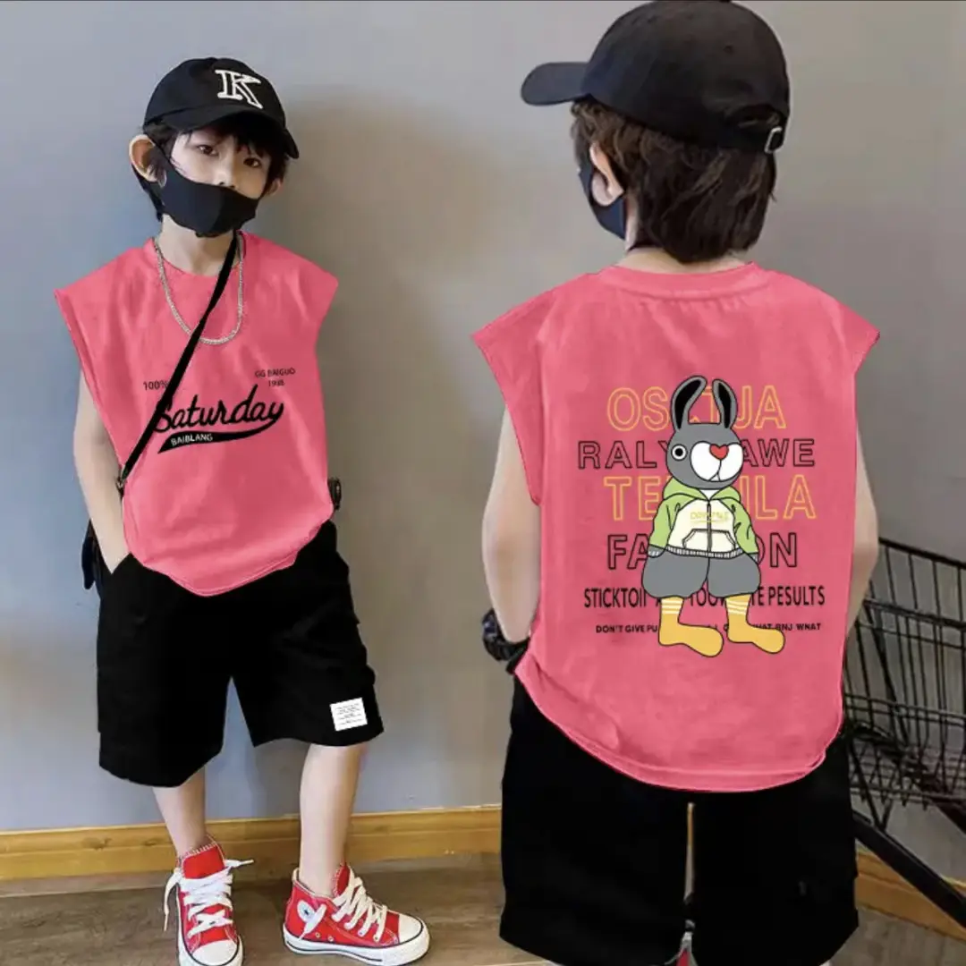 Boy's Pink Cotton Sleeveless Vest Summer T-Shirt - Image 3