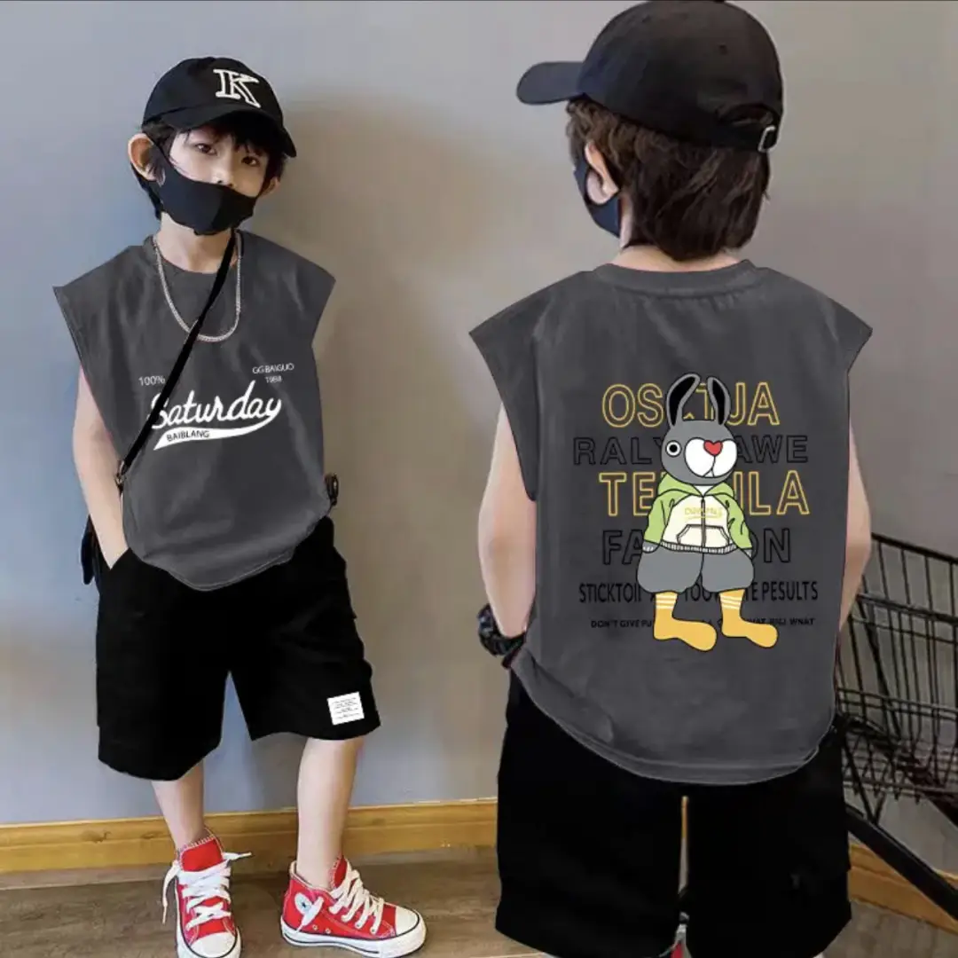 Boy's Pink Cotton Sleeveless Vest Summer T-Shirt - Image 4