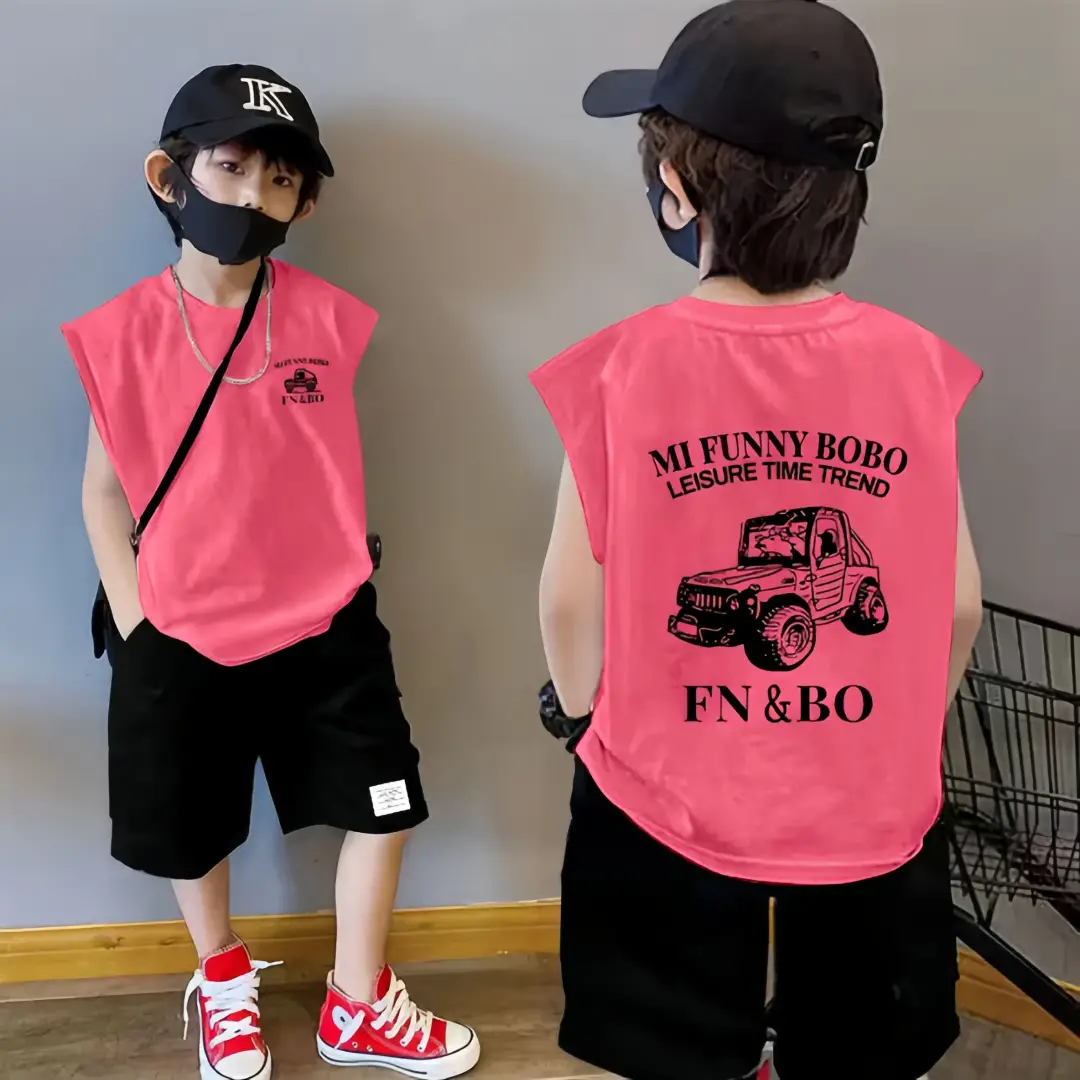 Boy's Pink Cotton Sleeveless Vest Summer T-Shirt - Image 7