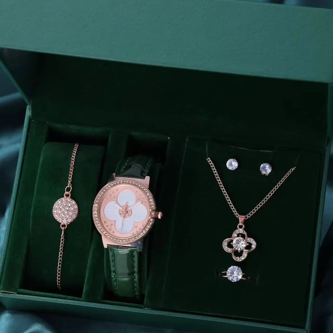 Women's Green Watch Set with Four Leaf Clover Necklace & Earrings - Image 5