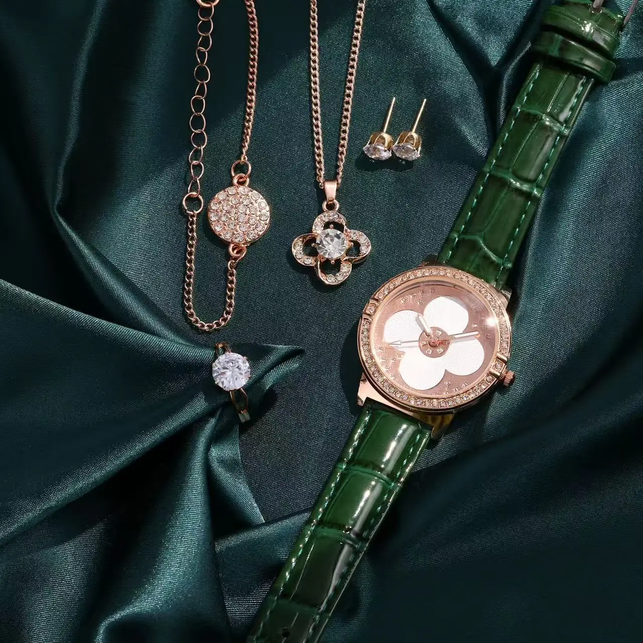 Women's Green Watch Set with Four Leaf Clover Necklace & Earrings — feature 1