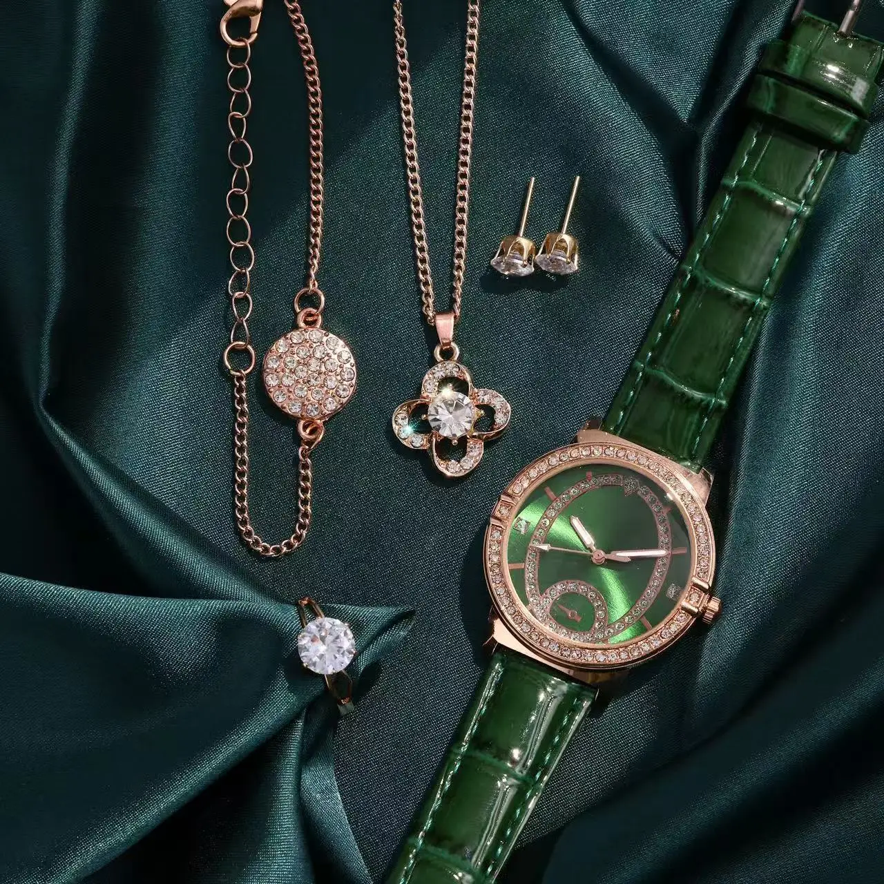Women's Green Watch Set with Four Leaf Clover Necklace & Earrings — feature 2