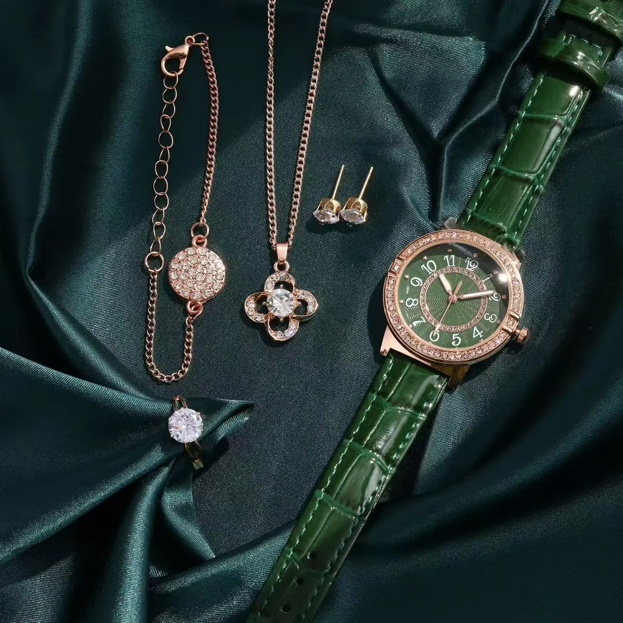 Women's Green Watch Set with Four Leaf Clover Necklace & Earrings — feature 3