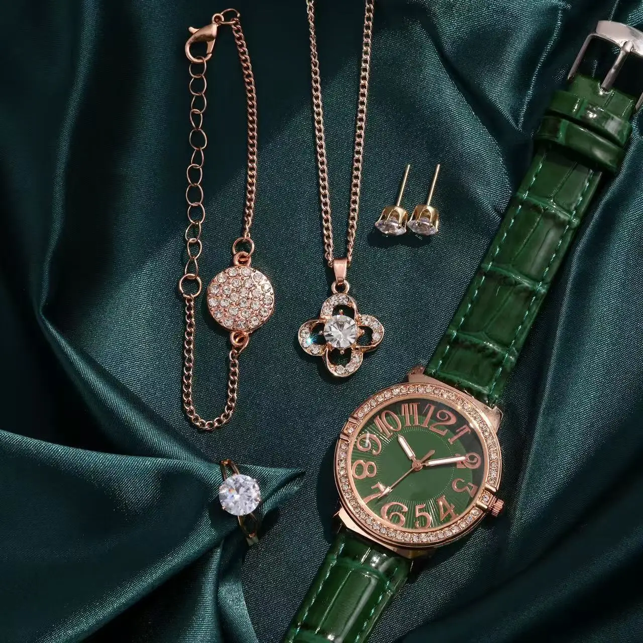 Women's Green Watch Set with Four Leaf Clover Necklace & Earrings — feature 4