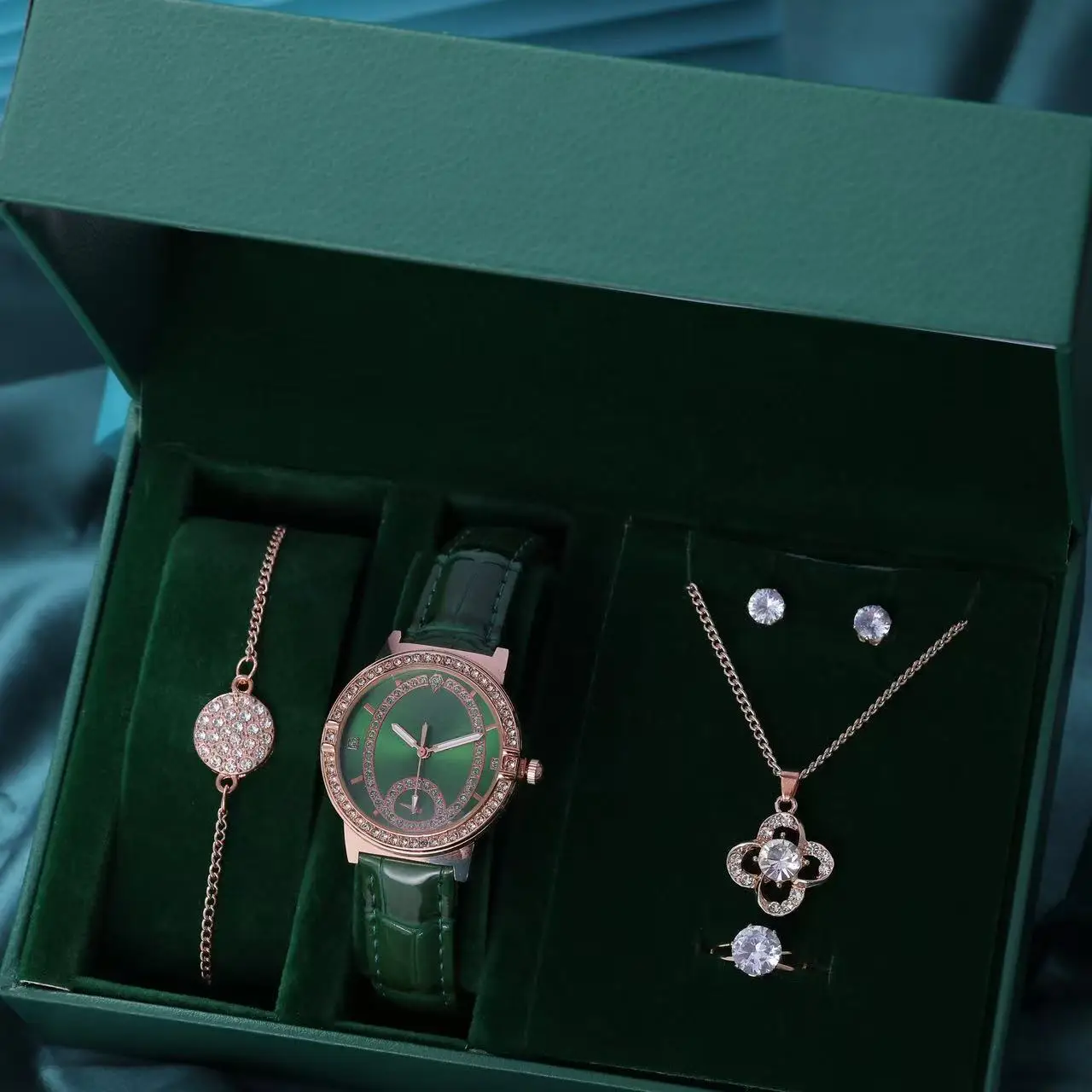 Women's Green Watch Set with Four Leaf Clover Necklace & Earrings - Image 2