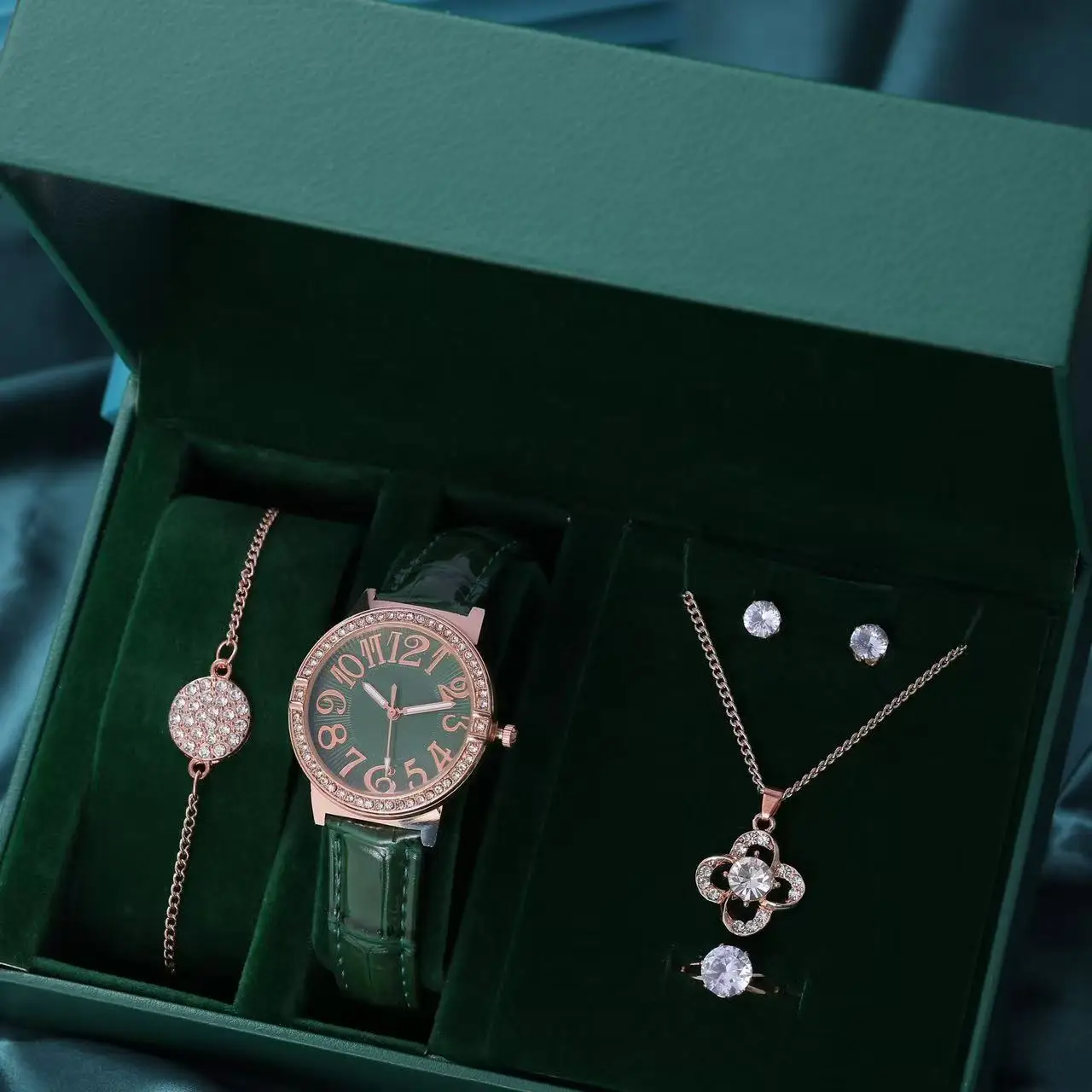 Women's Green Watch Set with Four Leaf Clover Necklace & Earrings - Image 3