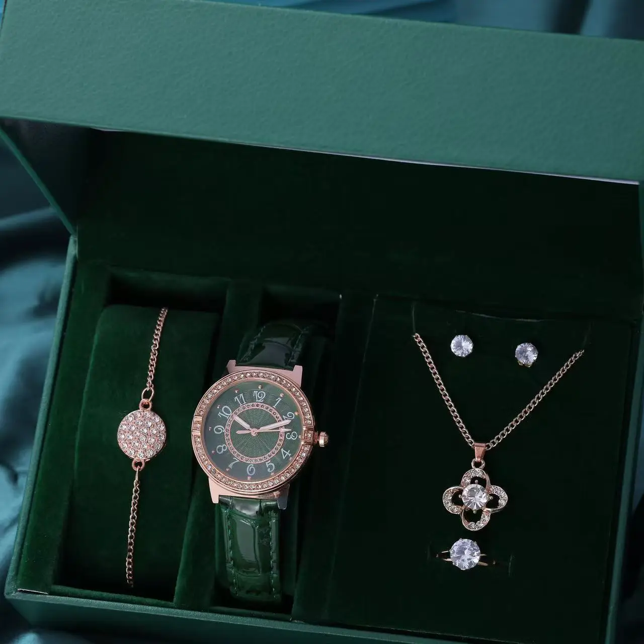 Women's Green Watch Set with Four Leaf Clover Necklace & Earrings - Image 4