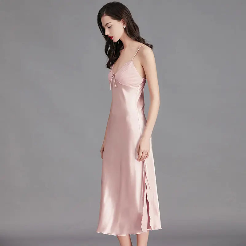 Cross-Border Long Nightgown Silk Suspender Pajamas for Women Summer 311Cq Sexy Bow Shining Slit Ice Home Clothes