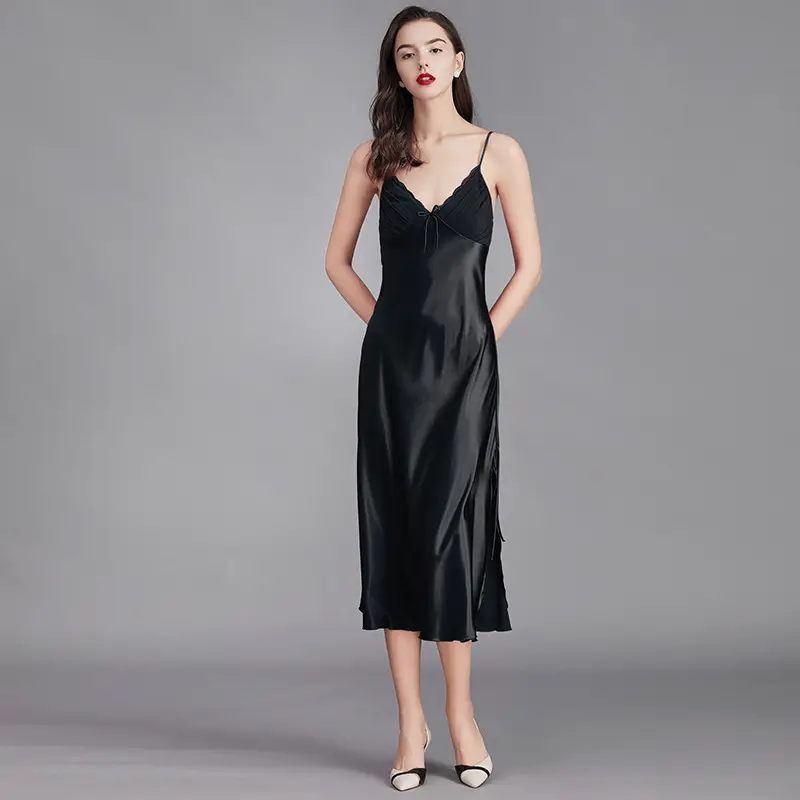 Cross-Border Long Nightgown Silk Suspender Pajamas for Women Summer 311Cq Sexy Bow Shining Slit Ice Home Clothes