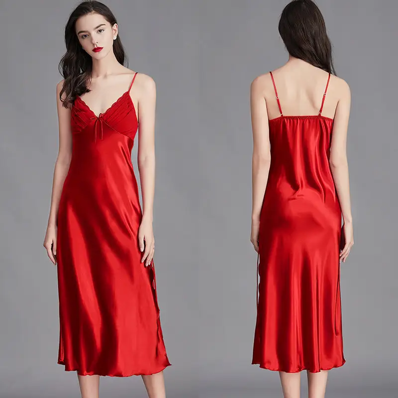 Cross-Border Long Nightgown Silk Suspender Pajamas for Women Summer 311Cq Sexy Bow Shining Slit Ice Home Clothes