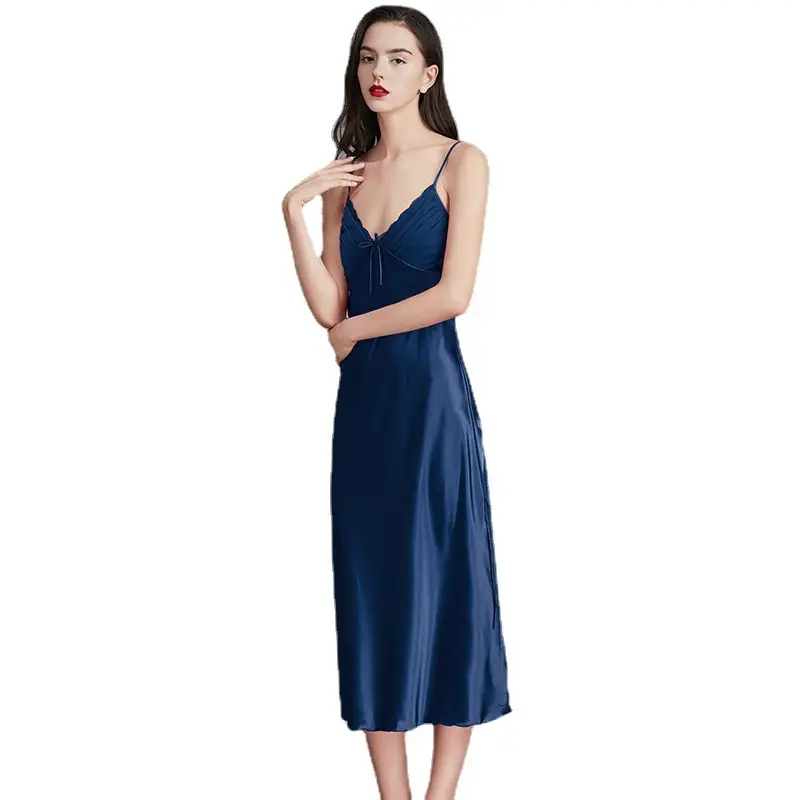 Cross-Border Long Nightgown Silk Suspender Pajamas for Women Summer 311Cq Sexy Bow Shining Slit Ice Home Clothes