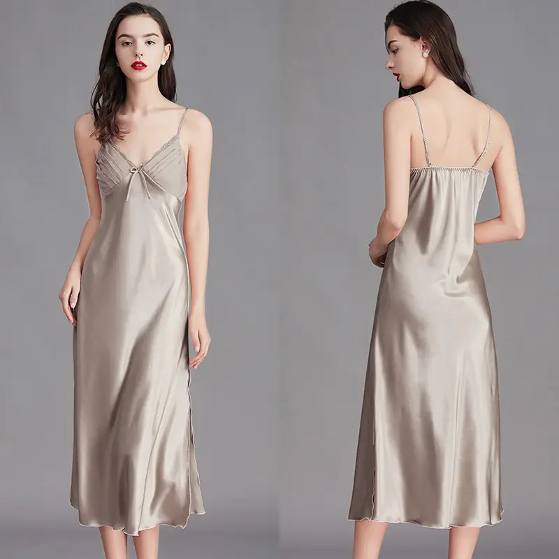 Cross-Border Long Nightgown Silk Suspender Pajamas for Women Summer 311Cq Sexy Bow Shining Slit Ice Home Clothes