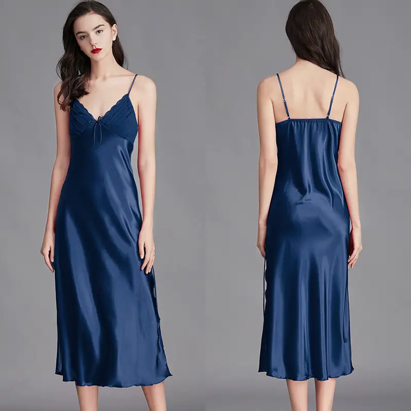 Cross-Border Long Nightgown Silk Suspender Pajamas for Women Summer 311Cq Sexy Bow Shining Slit Ice Home Clothes