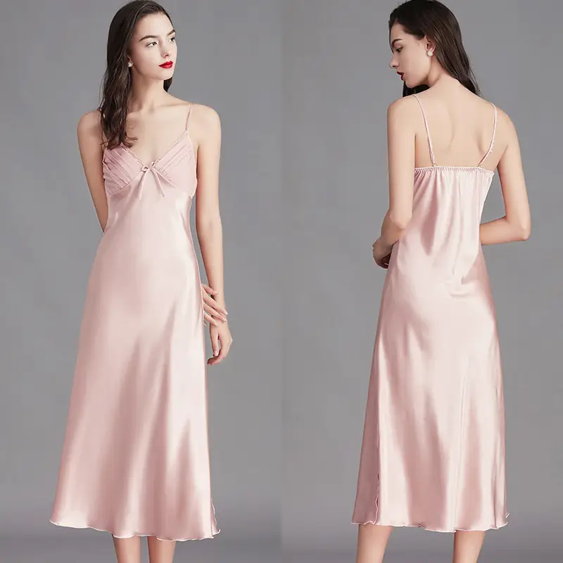 Cross-Border Long Nightgown Silk Suspender Pajamas for Women Summer 311Cq Sexy Bow Shining Slit Ice Home Clothes