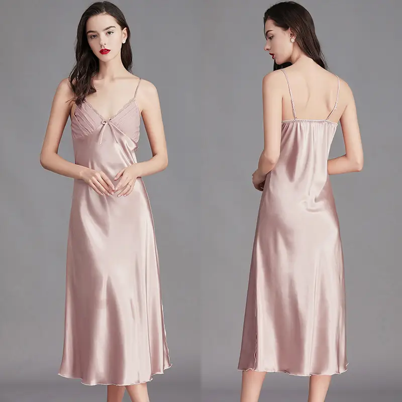 Cross-Border Long Nightgown Silk Suspender Pajamas for Women Summer 311Cq Sexy Bow Shining Slit Ice Home Clothes