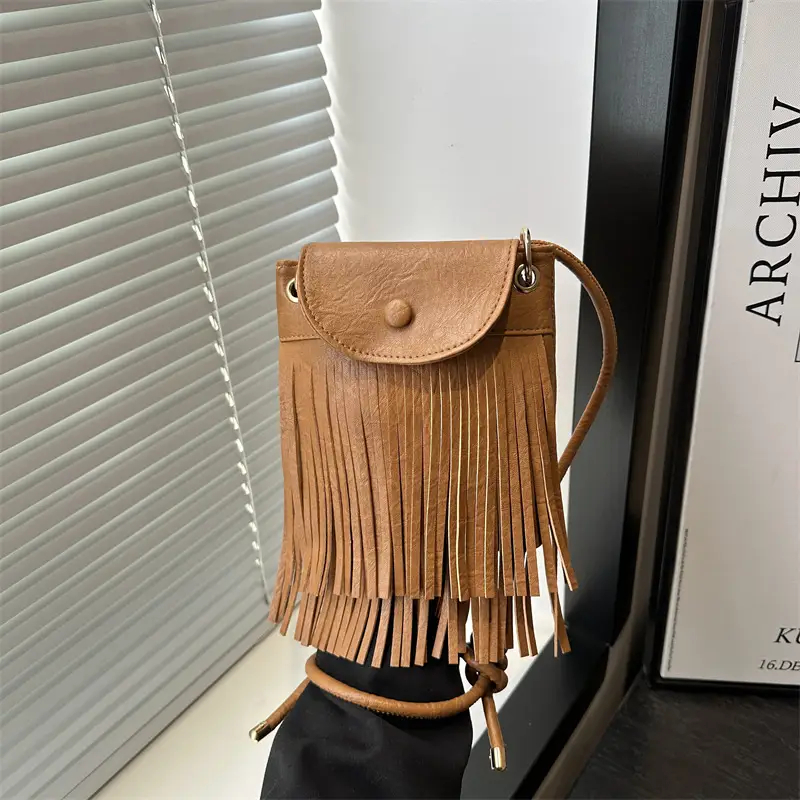 Women's Tan Fret Tassel Shoulder Bag - Image 5