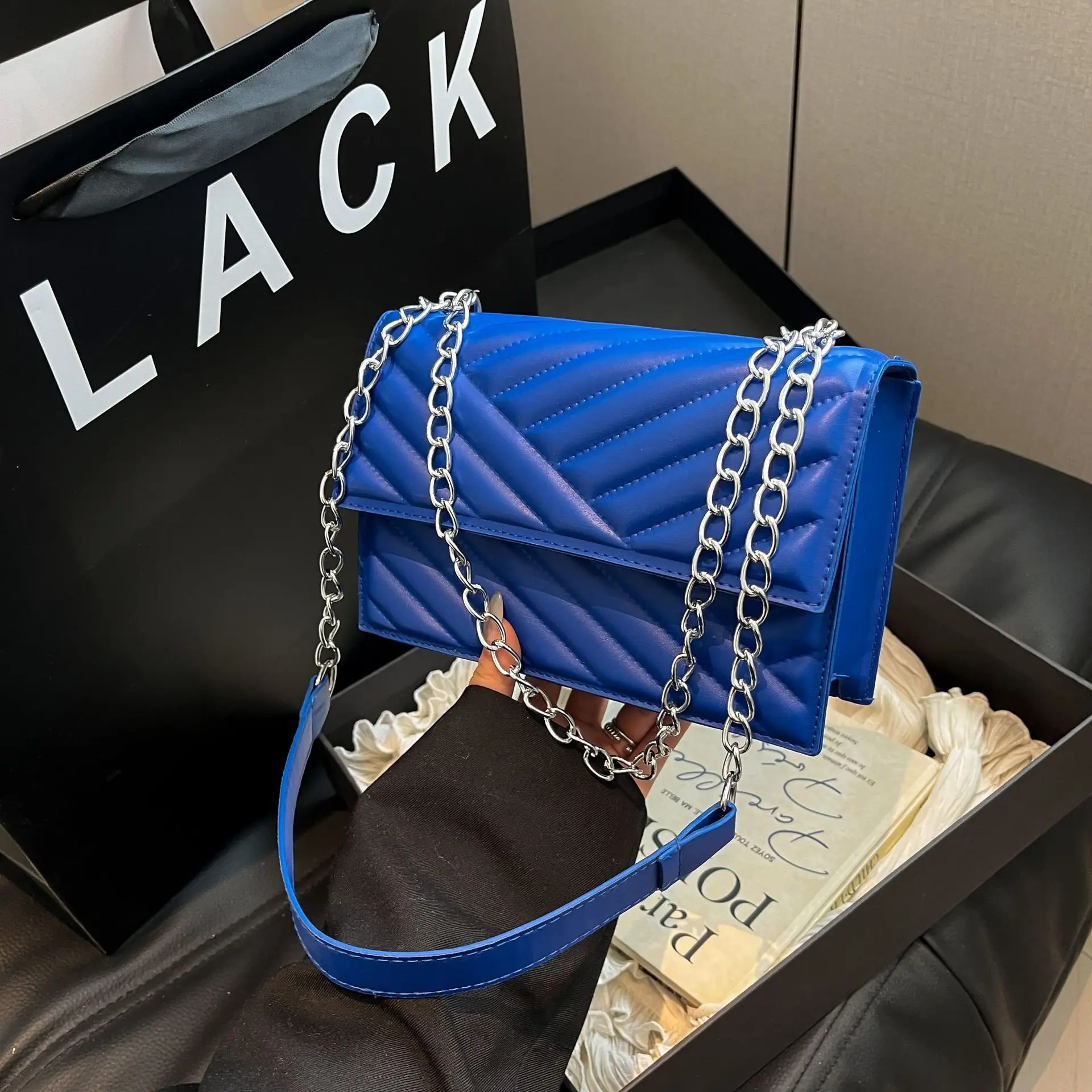 Blue Textured Microphone Bag for Women