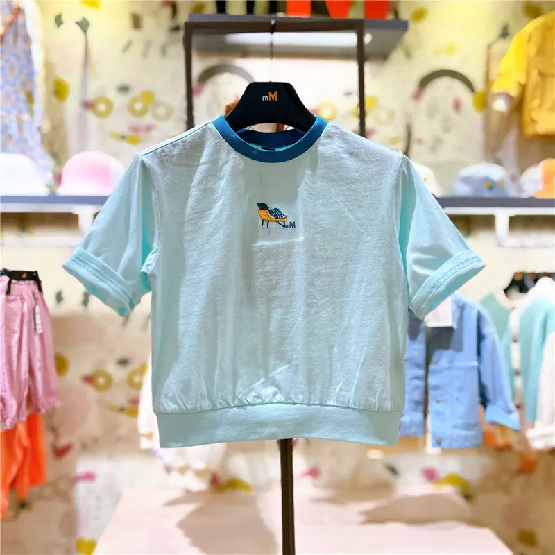 Summer Printed T-Shirt White Blue Round Neck Short Sleeve