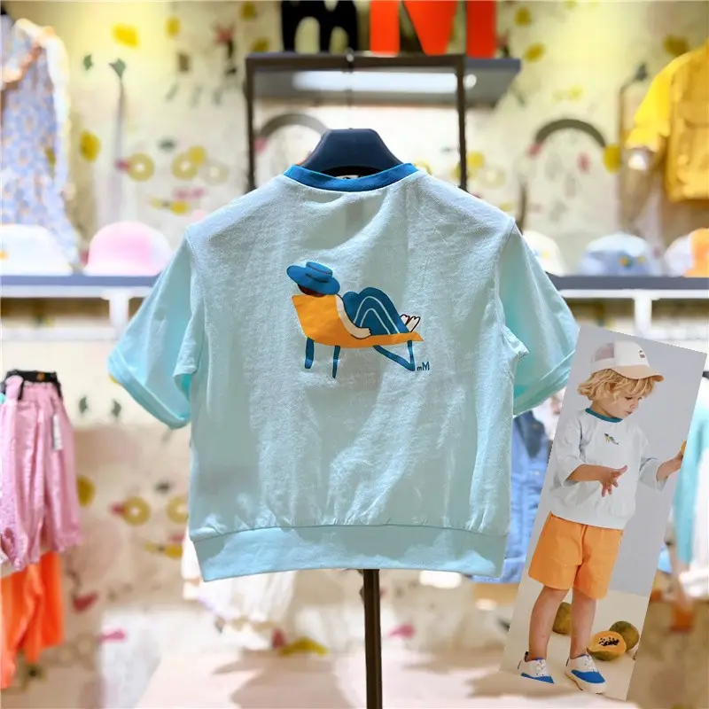 Summer Printed T-Shirt White Blue Round Neck Short Sleeve - Image 2
