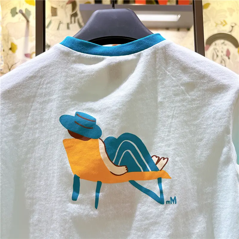 Summer Printed T-Shirt White Blue Round Neck Short Sleeve - Image 3