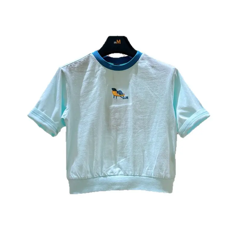 Summer Printed T-Shirt White Blue Round Neck Short Sleeve - Image 5