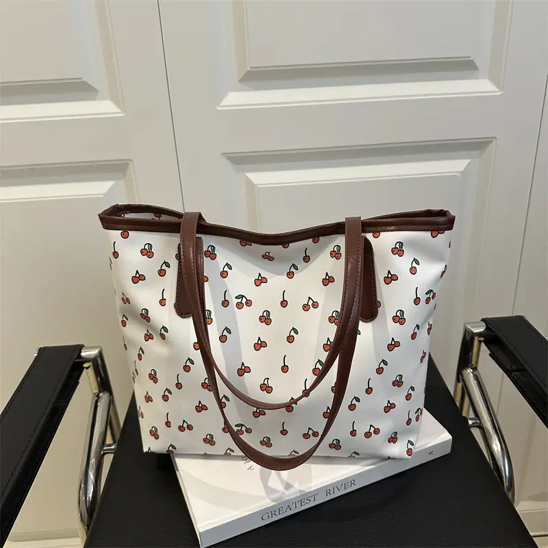 Cute Printed Women's Large Tote Bag with Brown Handles - Image 5