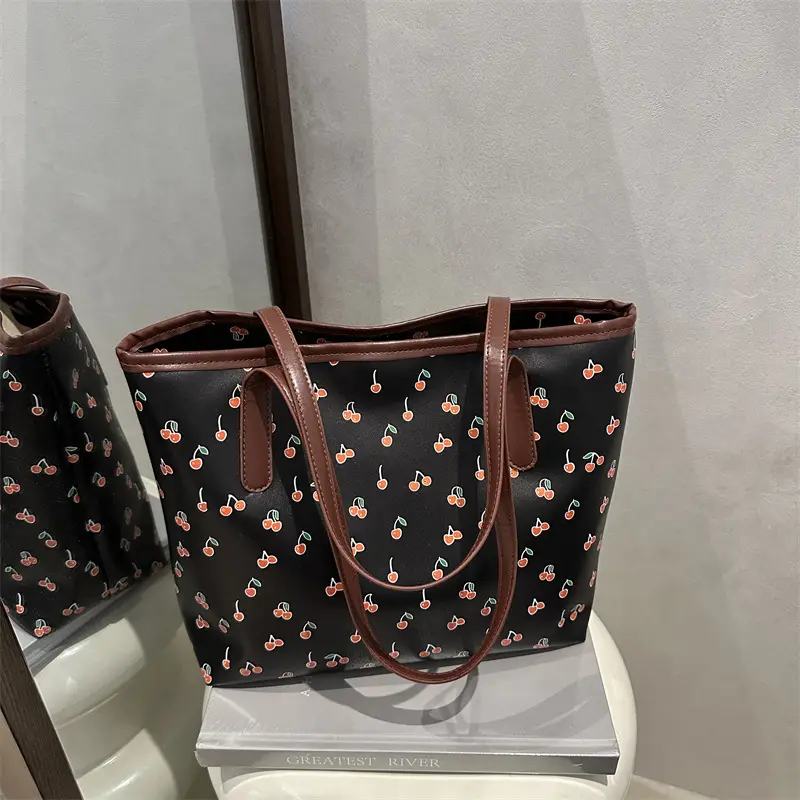 Cute Printed Women's Large Tote Bag with Brown Handles - Image 6