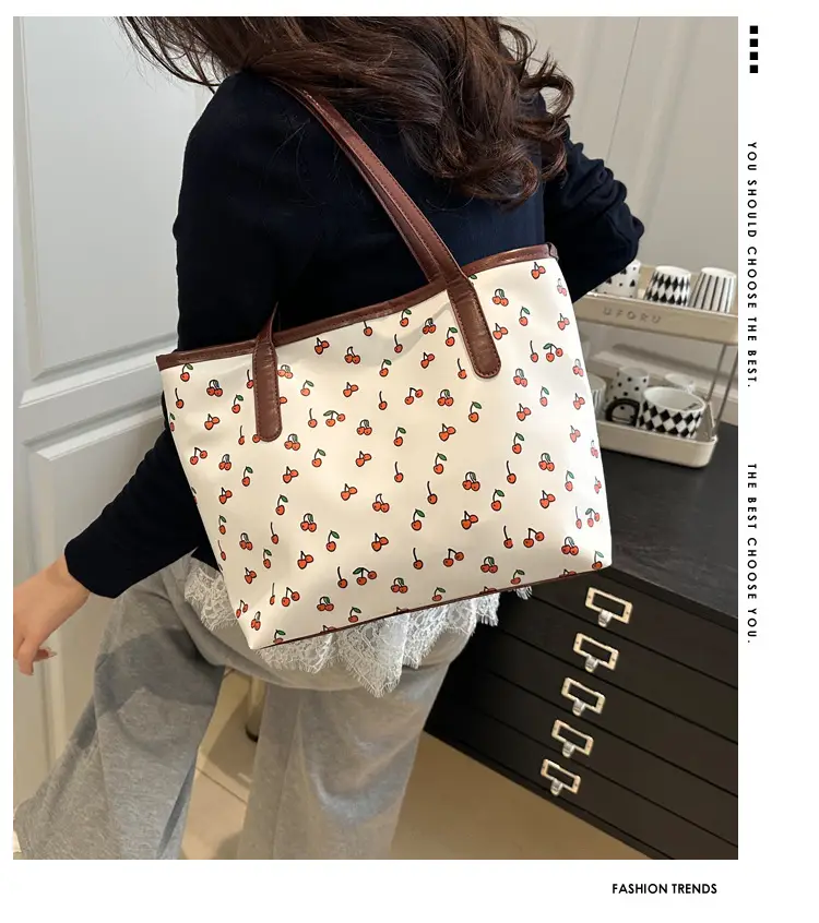 Cute Printed Women's Large Tote Bag with Brown Handles — feature 1