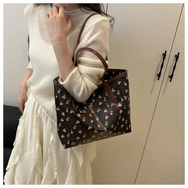 Cute Printed Women's Large Tote Bag with Brown Handles — feature 11